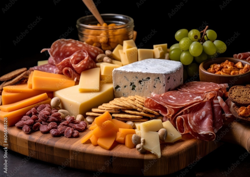 colby jack cheese platter with a variety of sliced cheeses, meats, and olives