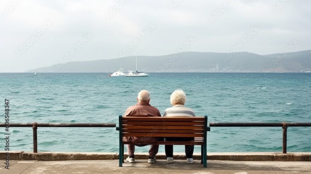 Title: Loving the elderly couple sitting on a benchl facing the sea.  Generative AI