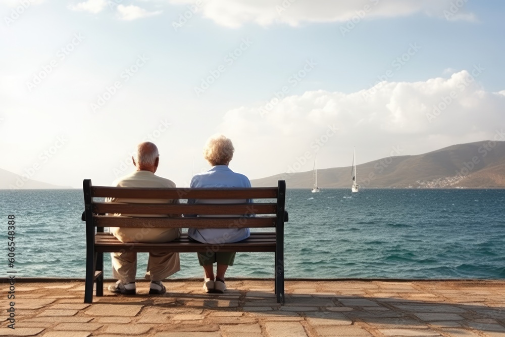 Title: Loving the elderly couple sitting on a benchl facing the sea.  Generative AI - obrazy, fototapety, plakaty 