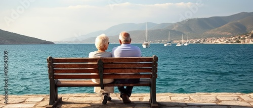 Title: Loving the elderly couple sitting on a benchl facing the sea.  Generative AI photo