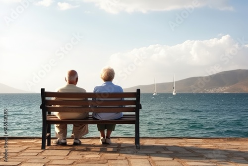 Title: Loving elderly couple sitting on a bench facing the sea.  © Adriana