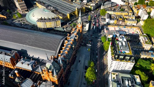 Aerial footage of Kings Cross train station in summer in London, England, UK. photo