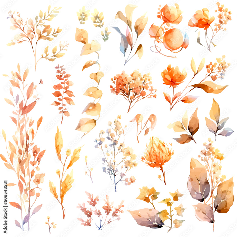 Obraz premium set of atumn floral watercolor, flower watercolor, leaves watercolor