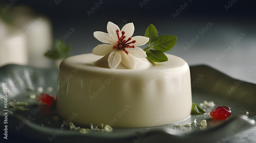 Vanilla bean panna cotta, showcasing its smooth and velvety texture, ai generative