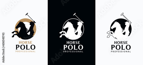 Horse polo sport logo template with silhouette of a male person riding a standing horse
