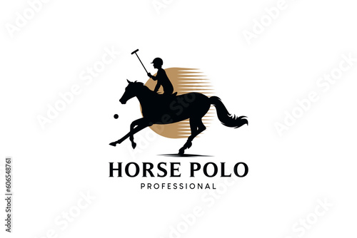 Horse polo sport logo with silhouette of a male person riding a running horse