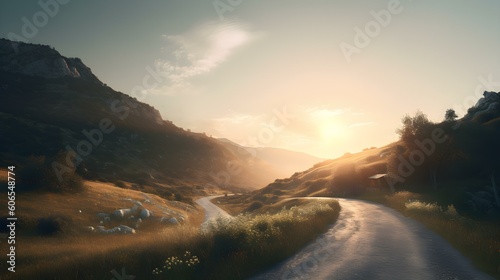 Sunset View of an empty Street in a Mountain Landscape