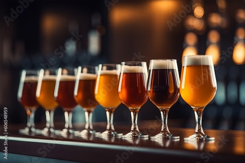 Row of Draft Beer Glasses on Bar Stand with Blurred Background, Generative AI. © ParinApril