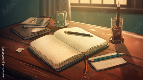 Working table with books, coffee cup and pencils. © Barosanu