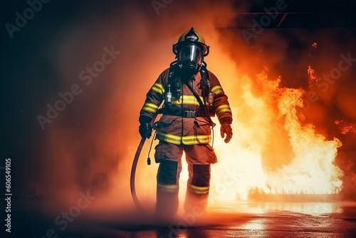 Firefighters in Action: Training to Combat Flames with Water and Extinguishers in Emergency Situations while Wearing Protective Gear, Generative AI. © ParinApril