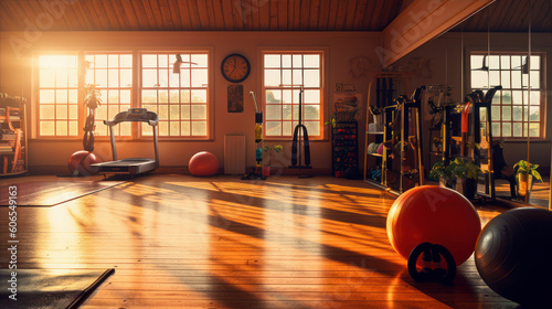 Stylish gym background, gym with exercise equipment without people, sunrise or sunset in the gym ai generative