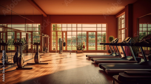Stylish gym background, gym with exercise equipment without people, sunrise or sunset in the gym ai generative