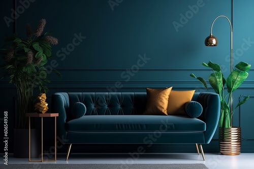 A Cozy Modern Living Room with a Sofa Against a Dark Blue Wall.  Generative AI.