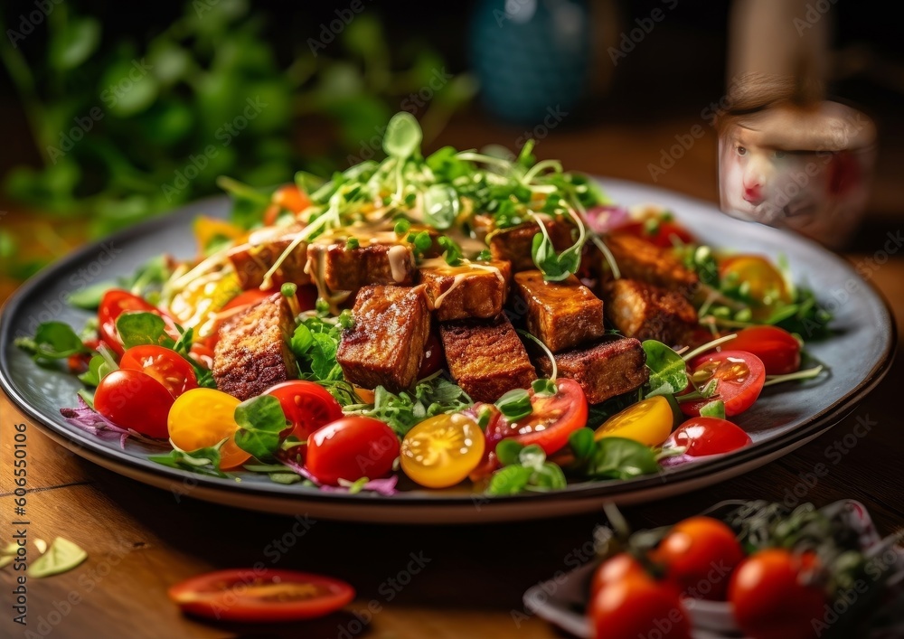 colorful Tempeh salad with mixed greens, cherry tomatoes, and a drizzle of dressing