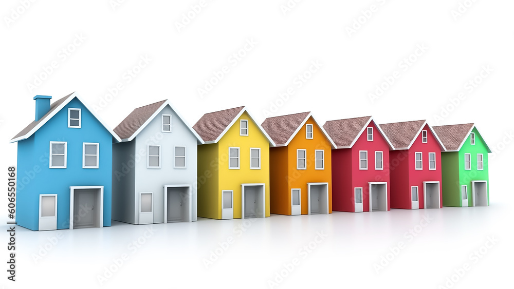 Illustration of colorful row houses, AI Generated image.