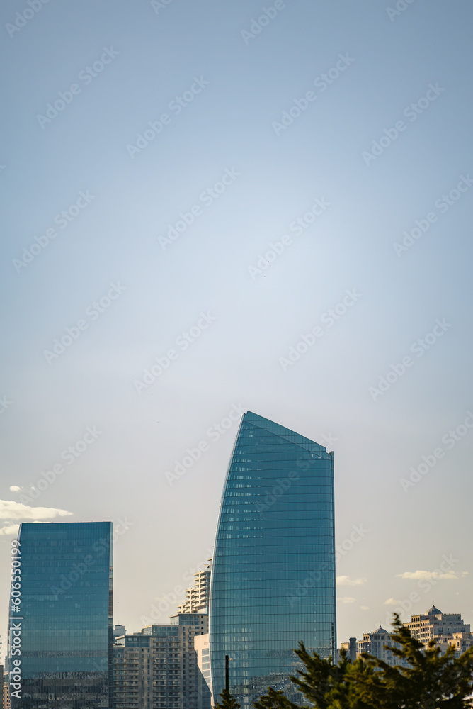 High rise buildings and blue sky on a clear day at Port Baku boulevard