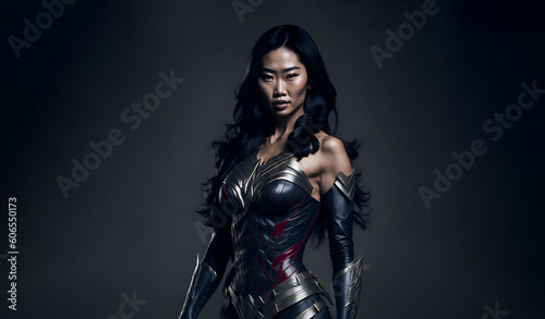 Beautiful asian woman wearing superhero costume. Powerful amazon warrior princess with metal armor. 