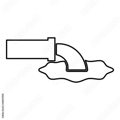 Wastewater fluid is leaking from pipe with water drainage industry to runoff sewer concept cleaning contour outline line icon black color vector illustration image thin flat style