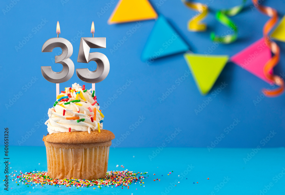Candle number 35 - Cake birthday in blue background