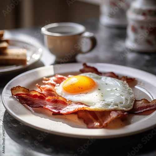 crispy bacon strips served on a white plate with a sunny-side-up egg