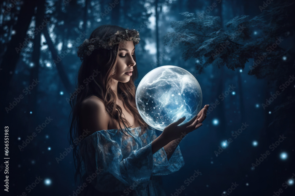 Naklejka premium Female magic. Riddle, astrology, zodiac. Banner. Generative ai