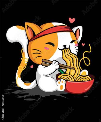 Kawaii Asian Cat Is Sitting And Eating Ramen