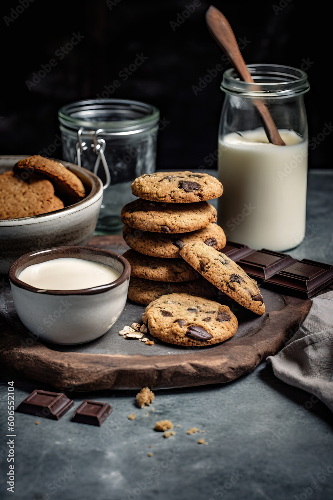 Healthy oat cookies with chocolate and bottle of milk on the concrete or stone table. Generative AI Healthy oat cookies with chocolate and bottle of milk on the concrete or stone table. Generative AI
