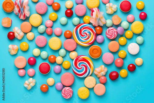 different candy over a sky blue studio background with vibrant colors © QuantumVisions