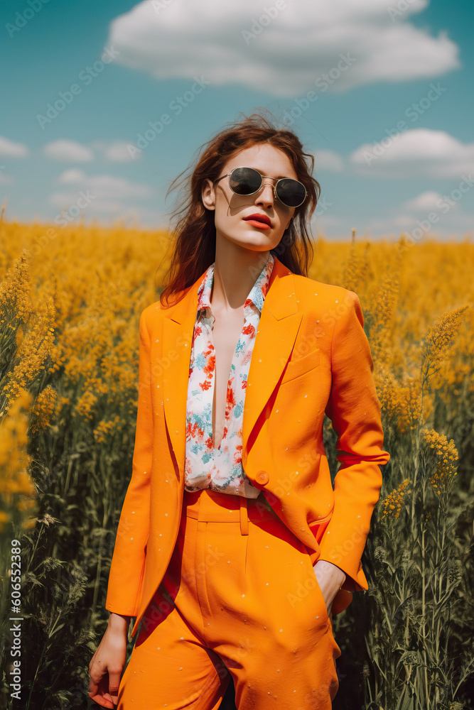 Woman in bright suit in summer fields. Generative AI Woman in bright suit in summer fields. Generative AI