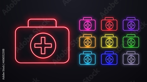 A set of neon suitcases with a cross icon for medicines in the hospital.