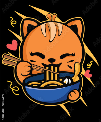 Kawaii Asian Cat Is Sitting And Eating Ramen