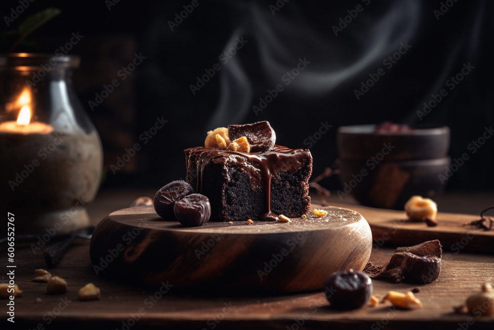 Brownie cake with melted chocolate on wooden table. Moody light and background. Generative AI Brownie cake with melted chocolate on wooden table. Moody light and background. Generative AI