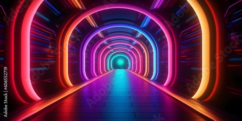 Illustration of neon rainbow tunnel. Level design. Retro wave. Retrofuturism sci-fi game scene. Warp tube. Generative ai.