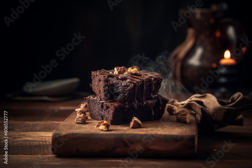 Brownie cake with melted chocolate on wooden table. Moody light and background. Generative AI