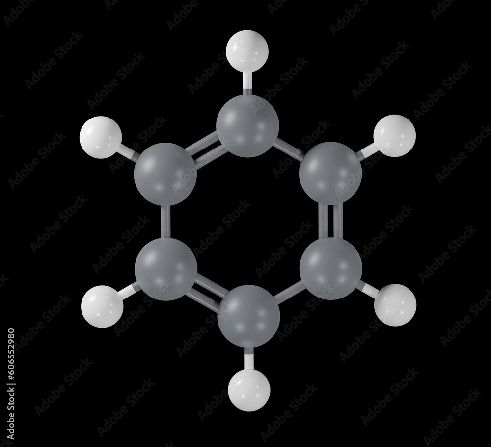 Obraz premium 3D model of benzene molecule with black background