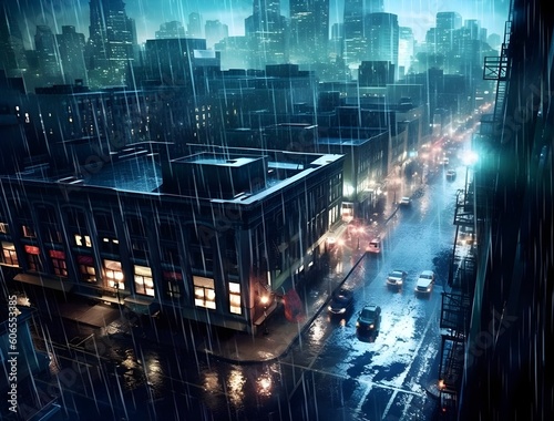 Rainy Night in Urban Landscape, Neon Light Reflections in Water Droplets, Top-Down View, Ultra-Realistic, Moody Noir-Style, Generative AI, Generative, KI