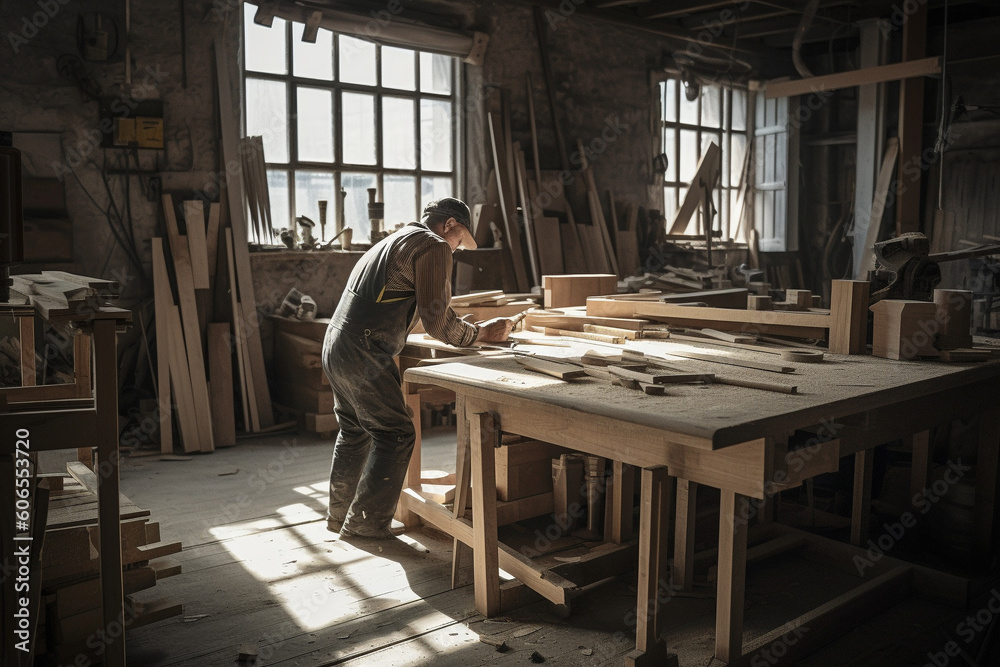 Artisan carpenter working in carpentry shop. Generative AI Artisan carpenter working in carpentry shop. Generative AI