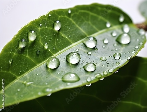 Rain-Misted Leaf Illuminated by Sunlight, Macro View, Highly Detailed Textures, Soft Green Backdrop, Ultra-Realistic Photography, Generative AI, Generative, KI