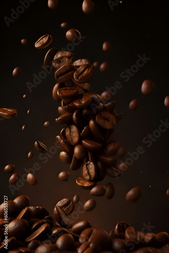Coffee beans falling on a brown background, Generative AI 4