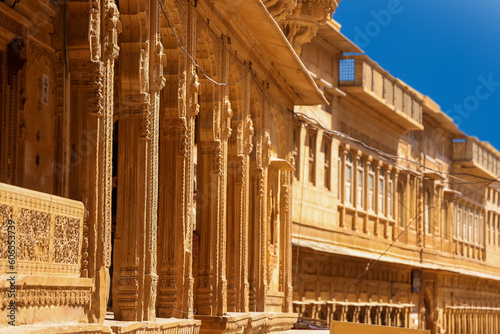 Heritage building in Rajasthan, India. Made of yellow limestone known as the Patwon ki Haveli in Jaisalmer city in India