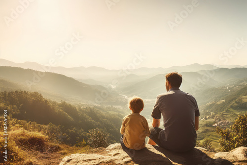 Father and son looking at magnificent natural scenery, Generative AI