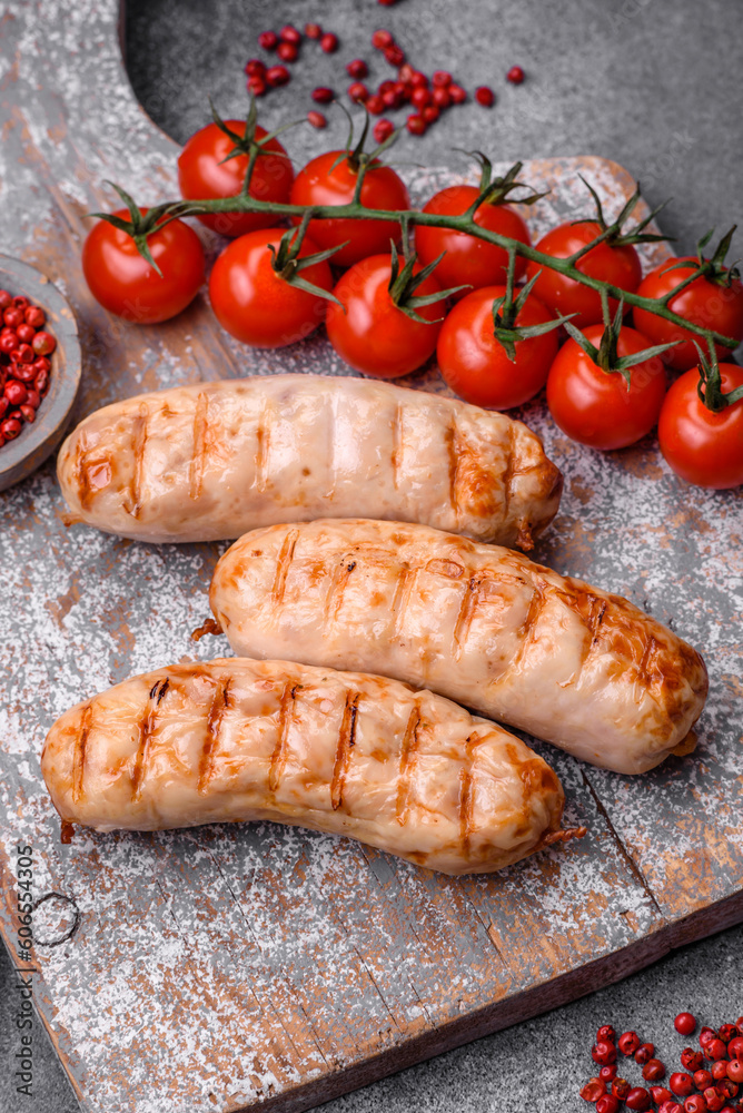 Delicious grilled sausages from chicken or pork meat with salt, spices and herbs Delicious grilled sausages from chicken or pork meat with salt, spices and herbs