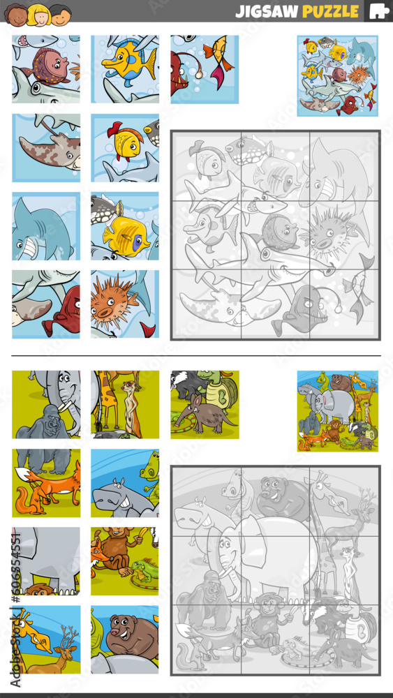 jigsaw puzzle activities set with cartoon animal characters