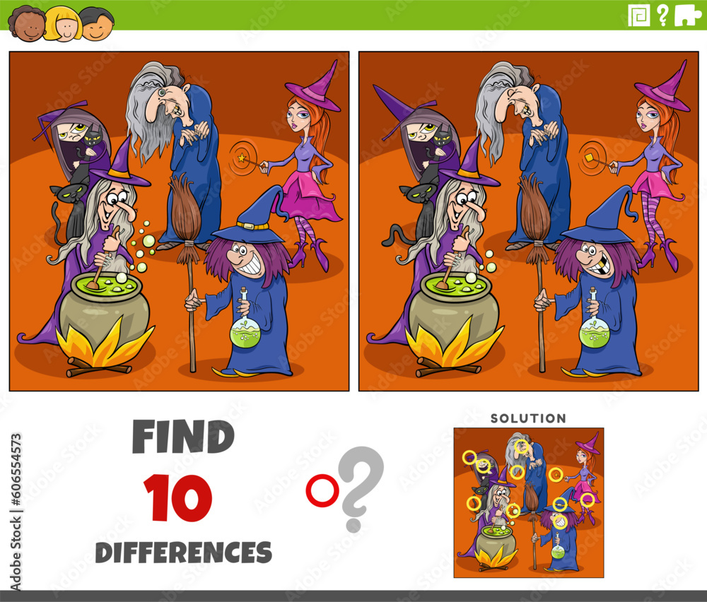 Obraz premium differences game with cartoon witches fantasy characters
