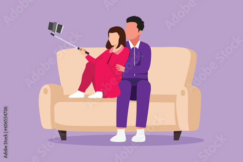 Cartoon flat style drawing man and woman take selfie on smartphone with monopod. Happy couple seat on sofa, making photo together on mobile phone with selfie stick. Graphic design vector illustration