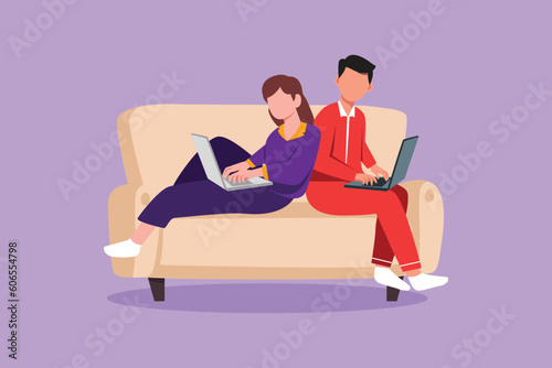 Cartoon flat style drawing romantic couple using laptop on sofa and obsessed with device gadget, people internet technology addiction. Man and woman working at home. Graphic design vector illustration