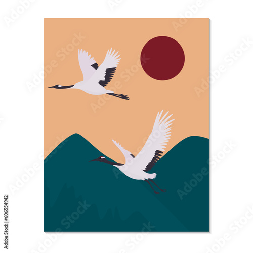asian landscape with mountain view and flying crane birds 
