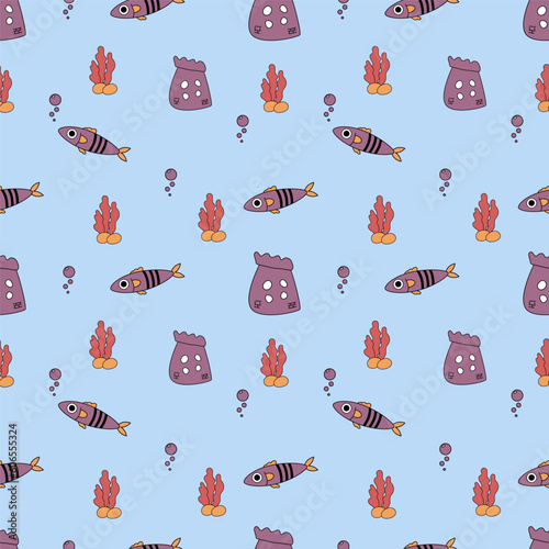 Vector seamless pattern with fishes. Fishes in flat style