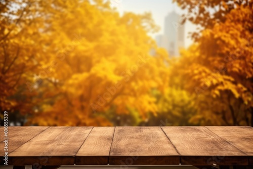 Closeup of an Empty Display Table with a Fall Background (Generative AI)