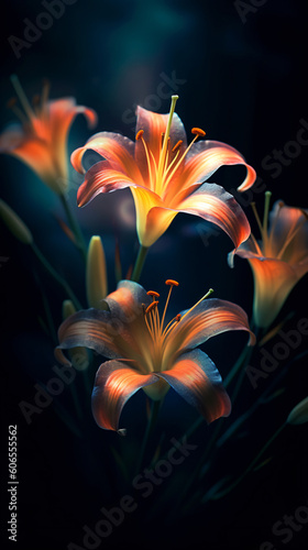 Beautiful close-up of vibrant lilys on a dark background, made with generative AI